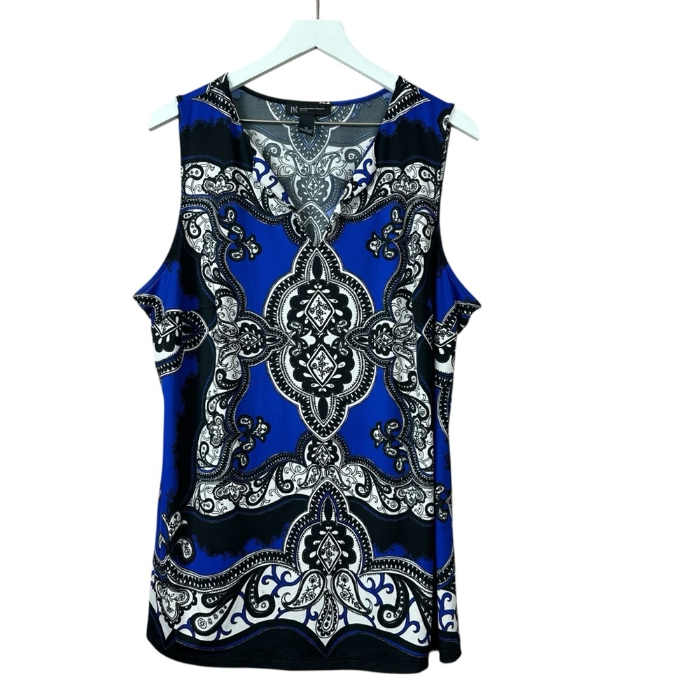 INC International Concepts Women Blue Black Paisley Bling Sleeveless Top Sz 1X